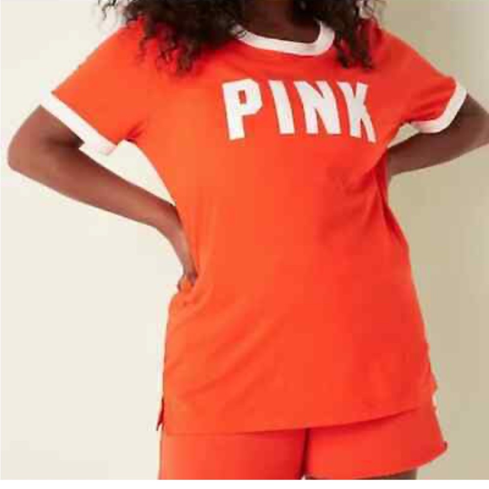 PINK Victorias Secret Short Sleeve Tee Orange White Trim Crew Neck Campus